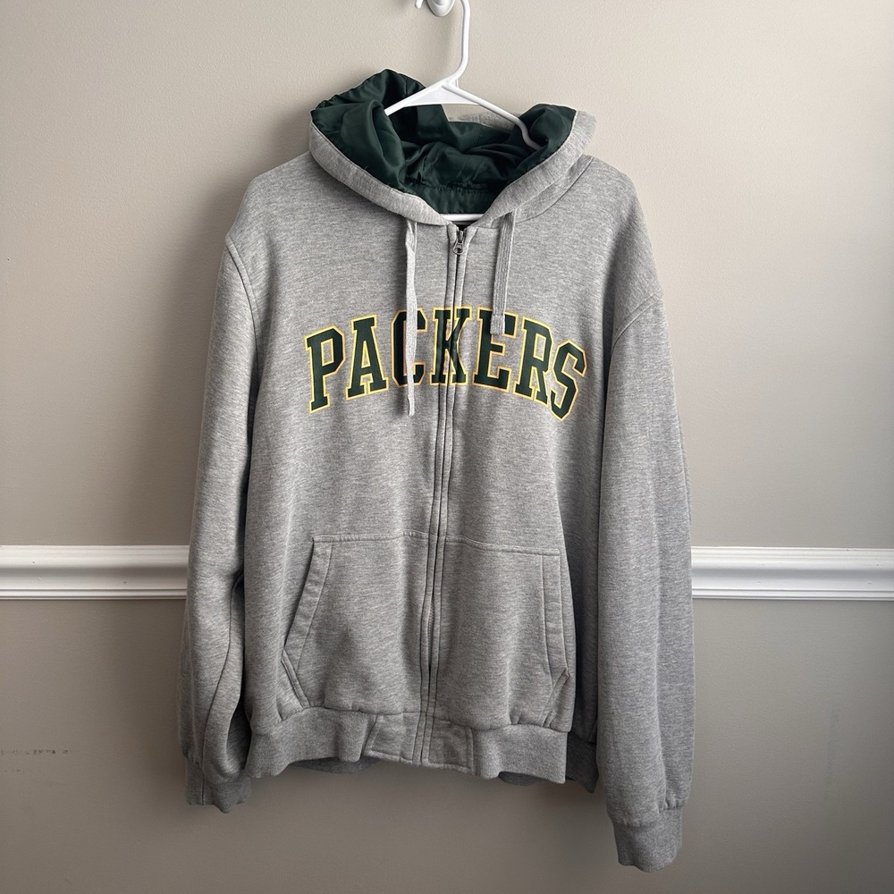 NFL Green Bay Packers Gray Full Zip-Up Sweatshirt Hoodie XXL Lined